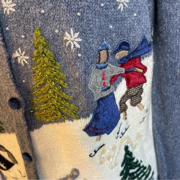 Winter Scene Vintage Sweater Cardigan Embroidered Beaded Reference Point Medium - Picture 8 of 12